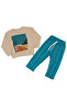 Boy's Ecru Blue Landscape Printed Striped Pants 2-Piece Set