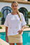Italian White Pool Collar Short Sleeve Sequined Casual 100% Linen Woven Blouse 63 64 - 6