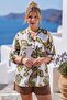 Italian White-Green Judge Collar Long Sleeve Shawl Patterned Single Pocket Linen Look Woven Blouse 75 62 - 3