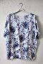 Italian White-Blue Pool Collar Short Sleeve Floral Printed Casual Linen Look Long Woven Blouse 75 70 - 2