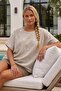 Italian Beige Pool Collar Short Sleeve Sequined Casual 100% Linen Woven Blouse 63 64 - 5