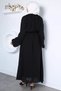 Black Elastic Waist Belt Detailed Stone Embellished Hijab Dress - 4