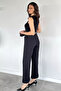 Black Women's V-Neck Jumpsuit with Gold Buckle Belt Accessory - 5