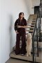 Burgundy Double Zipper Blouse Pants Knitwear Set - 5