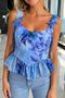 Blue Floral Patterned Back Drawstring Corset Blouse - 4