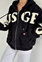 Black Women's Hooded Double Pocket Plush Jacket - 3