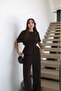 Bitter Brown Belted Pleated Blouse and Trousers Set - 2