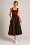 Women's Brown Lace Detailed Square Collar Zipper Pocket Poplin Midi Dress