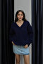 Women's Navy Blue Cotton Soft Texture V-Neck Oversize Knitwear Sweater - 2