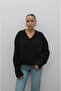 Women's Black Cotton Soft Texture V-Neck Oversize Knitwear Sweater - 3