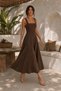 Bitter Brown Linen Square Collar A-Line Panel Detailed Midi Dress