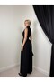 Women's Black Jumpsuit with High Collar, Zipper, Gathered Waist, Wide Legs, Long - 5