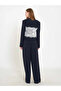 Women's Navy Blue Lace Detailed Corsage Look V-Neck Long Sleeve Fit Jacket