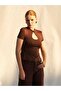 Women's Coffee Color Short Sleeve High Collar Chinese Closure Chest Cutout Knitted Blouse