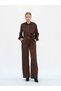 Women's Coffee Satin Textured Belted High Waist Straight Leg Long Pants - 6