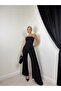 Women's Black Blouse Trouser Set Strapless Draped Asymmetrical Long Panel Detailed - 3