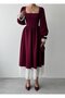 Women's Burgundy Midi Dress Square Neck Gathered Waist Lace Detailed Long Balloon Sleeves - 2