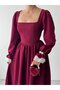 Women's Burgundy Midi Dress Square Neck Gathered Waist Lace Detailed Long Balloon Sleeves - 3