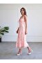 Women's Pink Strappy Floral Patterned Square Neck Gathered Lace Trimmed Midi Dress - 6