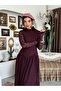 Women's Plum Lace Midi Dress High Neck Long Sleeve Gathered Flared Cut