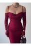 Women's Burgundy Lace Midi Dress Strappy Off Shoulder Long Sleeve Draped - 3