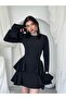 Women's Black Flounce Mini Dress Crew Neck Long Sleeve Peplum Cut - 5
