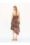Women's Brown Plaid Patterned Halter Neck Lace Detailed Asymmetrical Midi Dress - 4