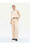 Women's Beige Satin Belted High Waist Wide Leg Long Trousers with Side Pockets - 5