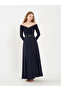 Women's Navy Blue Off-Shoulder Draped Carmen Collar Long Sleeve Maxi Flared Dress - 2