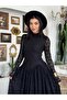 Women's Black Lace Midi Dress High Neck Long Sleeve Gathered Flared Cut - 5