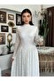 Women's Ecru Lace Midi Dress High Neck Long Sleeve Gathered Flared Cut - 5