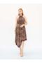 Women's Brown Plaid Patterned Halter Neck Lace Detailed Asymmetrical Midi Dress