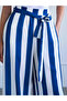 Women's Navy Blue Striped Elastic Waist Belted Wide Leg Long Woven Trousers - 5
