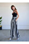 Women's Black Striped Elastic Waist Belted Wide Leg Long Woven Trousers - 3