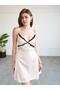 Women's Beige Thin Strap V-Neck Lace Detailed Satin Mini Flared Dress - 7