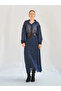 Women's Navy Blue Leopard Patterned Pleated Long Woven Skirt Autumn Winter - 3
