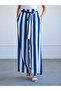 Women's Navy Blue Striped Elastic Waist Belted Wide Leg Long Woven Trousers - 3