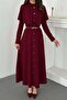 Women's Burgundy Cape Long Sleeve High Neck Buttoned Belted Maxi Dress - 4