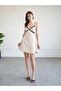 Women's Beige Thin Strap V-Neck Lace Detailed Satin Mini Flared Dress - 2