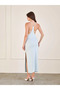 Women's Baby Blue Dress with Straps, Square Neckline, Backless, Slit, Midi Knitted