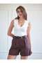 Women's Coffee Belted Pleated High Waist Woven Comfortable Fit Summer Shorts - 4