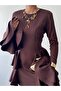 Women's Coffee Flounce Mini Dress Crew Neck Long Sleeve Peplum Cut - 3