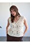 Women's Natural Vest V-Neck Openwork Knitted Detailed Buttoned Sleeveless Regular Length - 5