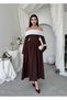 Women's Coffee Color Off-The-Shoulder Floral Appliqué Long Sleeve Midi Evening Dress - 4