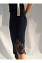 Women's Navy Blue Midi Skirt with Lace Detail, Draped Asymmetrical Cut and Slit - 8