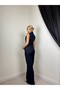 Women's Dark Blue Bustier High Neck Sleeveless Buttoned Denim Look Slim Fit Short - 5