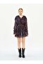 Women's Plum Shawl Patterned Belted V-Neck Balloon Sleeve Mini Polyester Dress - 2