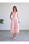 Women's Pink Strappy Floral Patterned Square Neck Gathered Lace Trimmed Midi Dress - 2