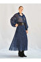 Women's Navy Blue Leopard Patterned Pleated Long Woven Skirt Autumn Winter - 7