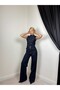 Women's Dark Blue Bustier High Neck Sleeveless Buttoned Denim Look Slim Fit Short - 2
